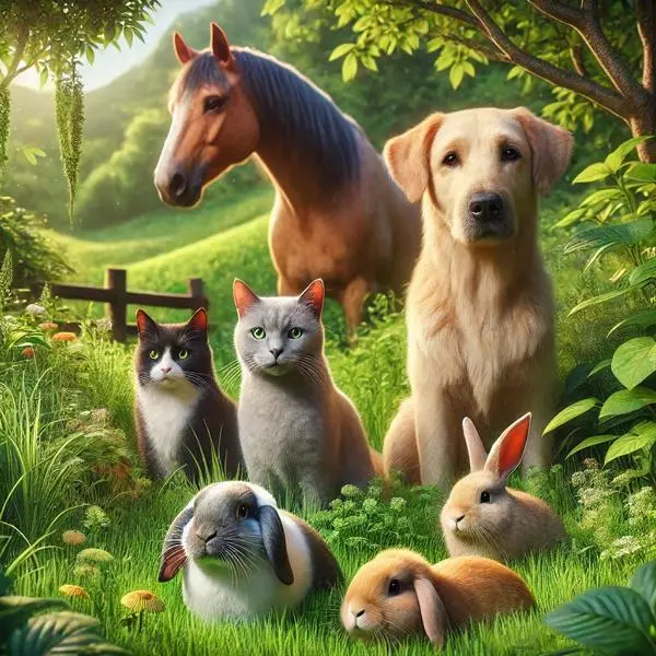 Collage mit Pferd, Hund, 2 Katzen und 3 Kleintieren.